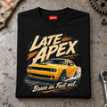 Folded black Late Apex Track Day Motorsport T-shirt front on a workshop bench — car-ts-0088