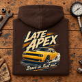 Folded hot chocolate Late Apex Track Day Motorsport hoodie back on a workshop bench — car-hd-0088