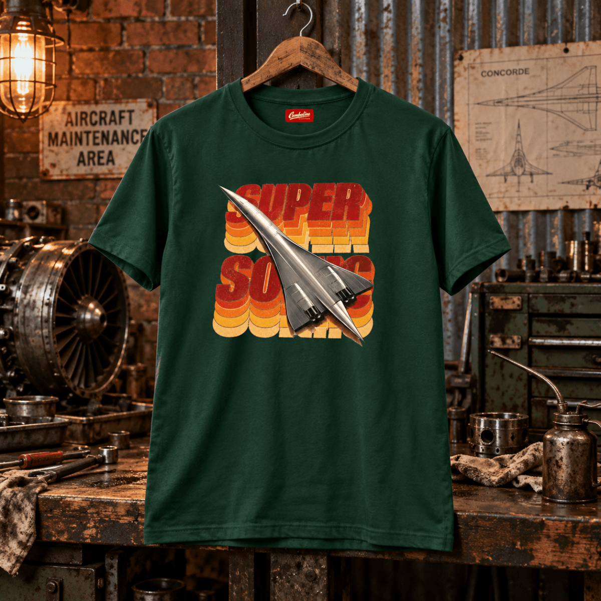 Forest green Concorde Legendary Supersonic graphic T-shirt hanging in a gritty vintage aviation workshop