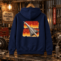 Navy Concorde Legendary Supersonic graphic hoodie hanging in a gritty vintage aviation workshop