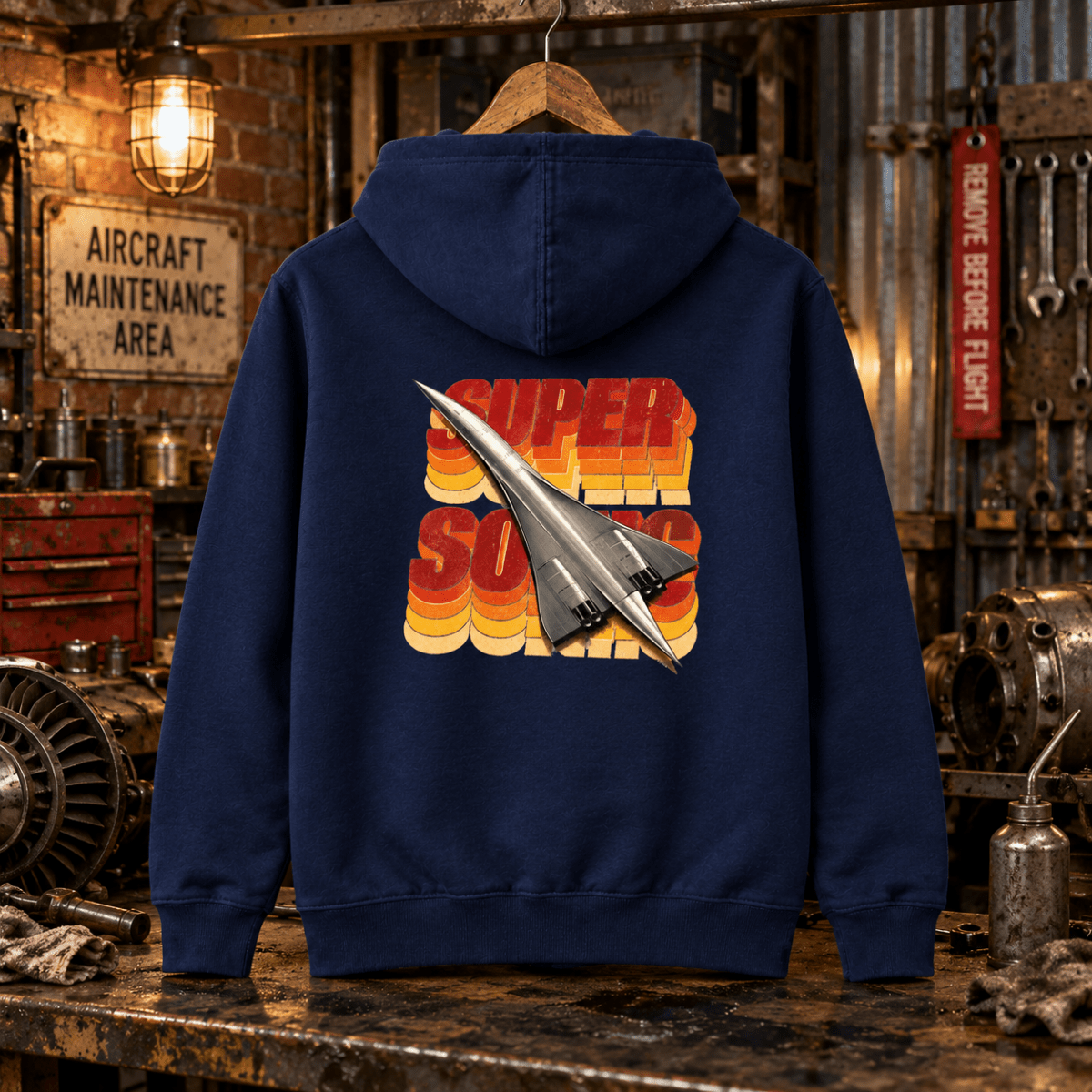 Navy Concorde Legendary Supersonic graphic hoodie hanging in a gritty vintage aviation workshop