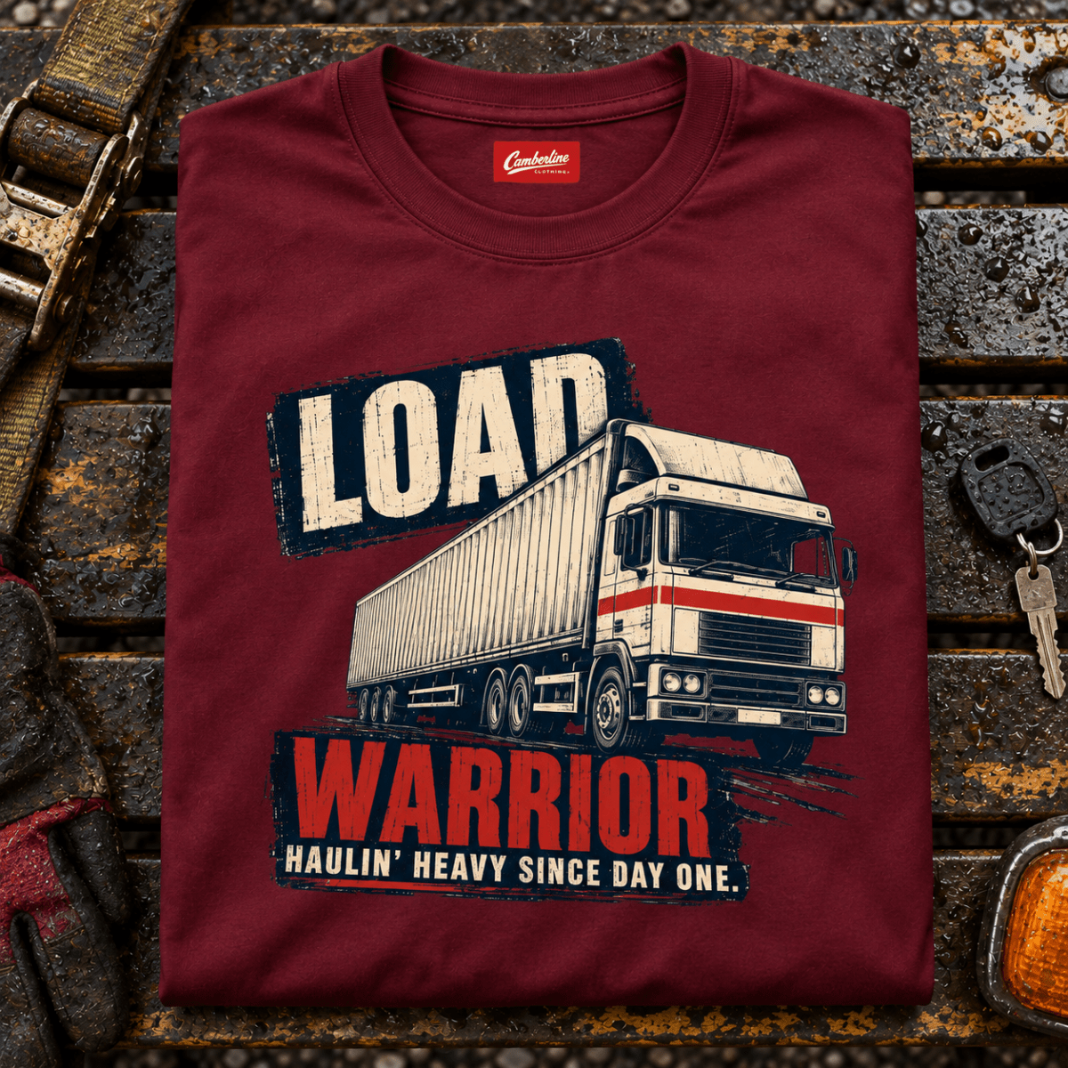 Burgundy Load Warrior lorry T-shirt folded on a wet motorway service-yard bench