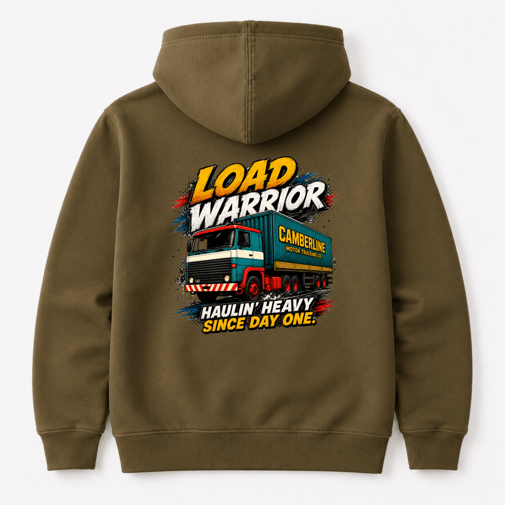 Khaki hoodie featuring a teal, white and red Camberline Motor Trucking Co. lorry with the text "Load Warrior Haulin' Heavy Since Day One."