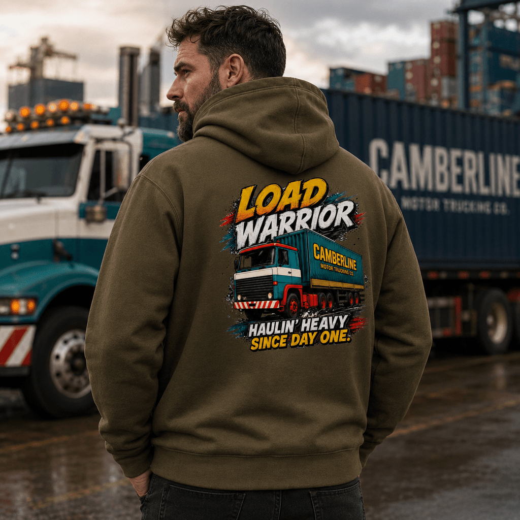 Man wearing a hoodie with 'Camberline' branding and truck design, standing in front of trucks.