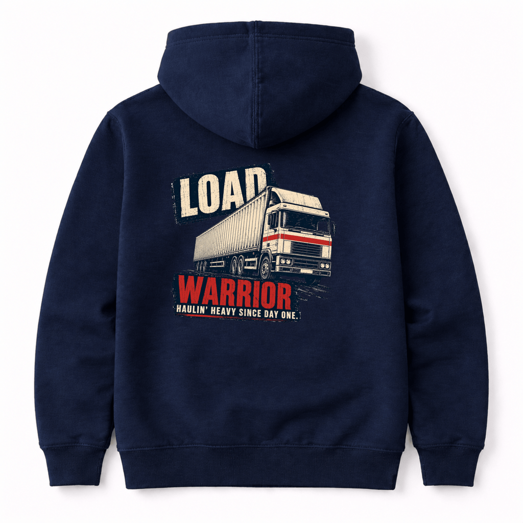 Navy blue hoodie featuring a classic white and red articulated lorry graphic with the text "Load Warrior Haulin' Heavy Since Day One" by Camberline Clothing.