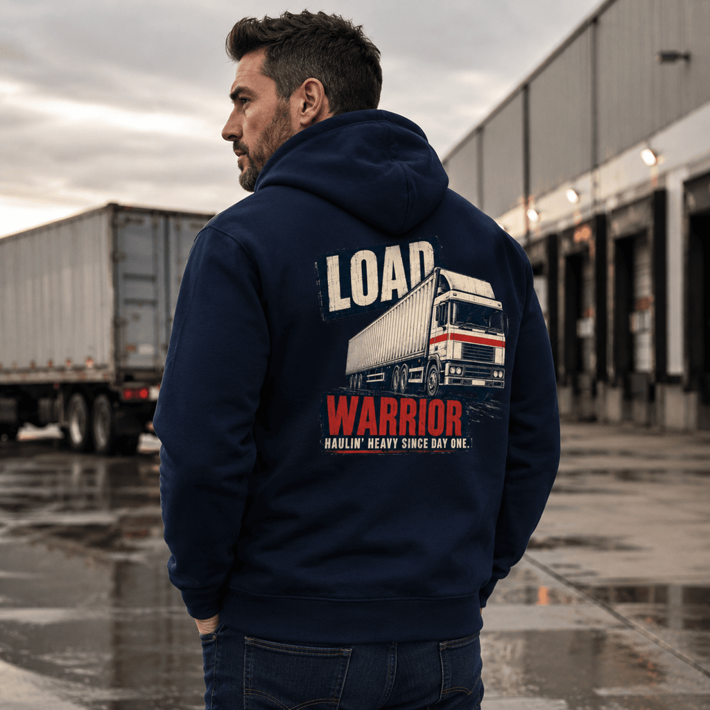 Man wearing a navy hoodie with 'Load Warrior' graphic in an industrial setting