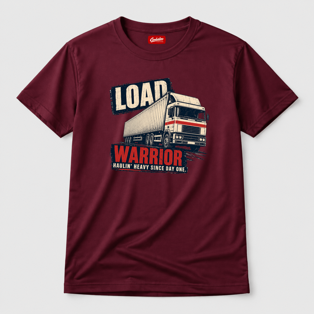 Load Warrior burgundy lorry graphic t-shirt with distressed cream and red artic lorry print and Haulin Heavy Since Day One slogan