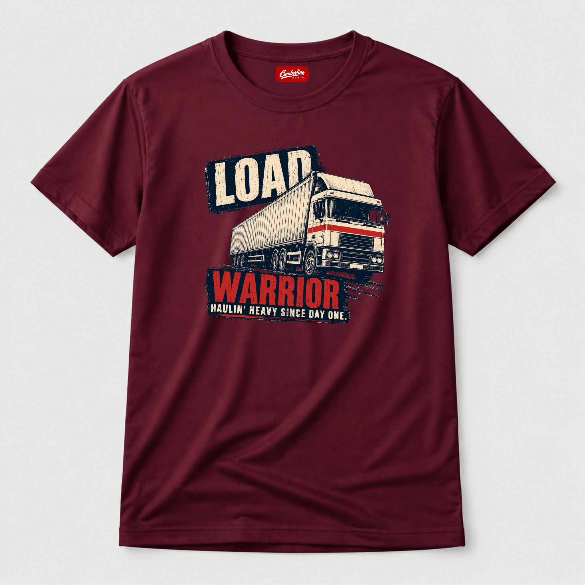 Load Warrior burgundy lorry graphic t-shirt with distressed cream and red artic lorry print and Haulin Heavy Since Day One slogan