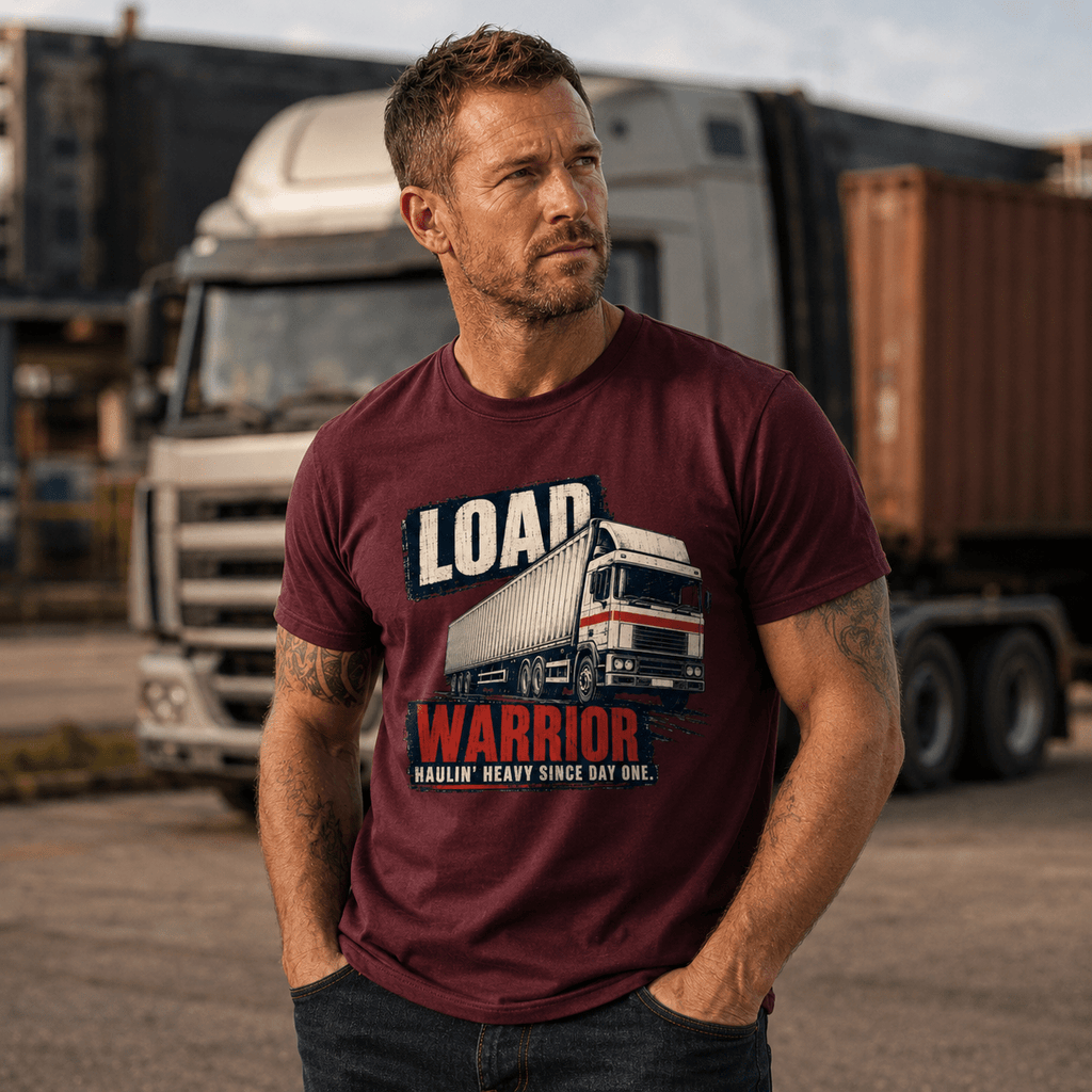 Male model wearing burgundy Load Warrior lorry t-shirt standing in a transport yard with artic lorry and shipping containers in the background