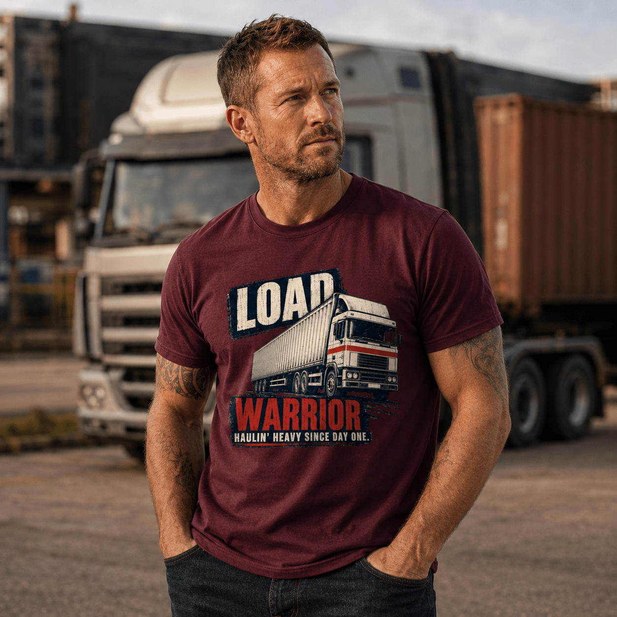 Male model wearing burgundy Load Warrior lorry t-shirt standing in a transport yard with artic lorry and shipping containers in the background