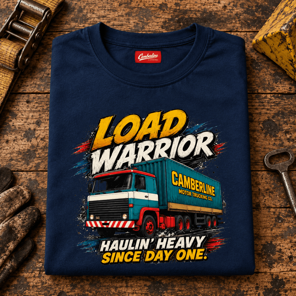 Navy Load Warrior lorry T-shirt folded on a worn loading-bay bench