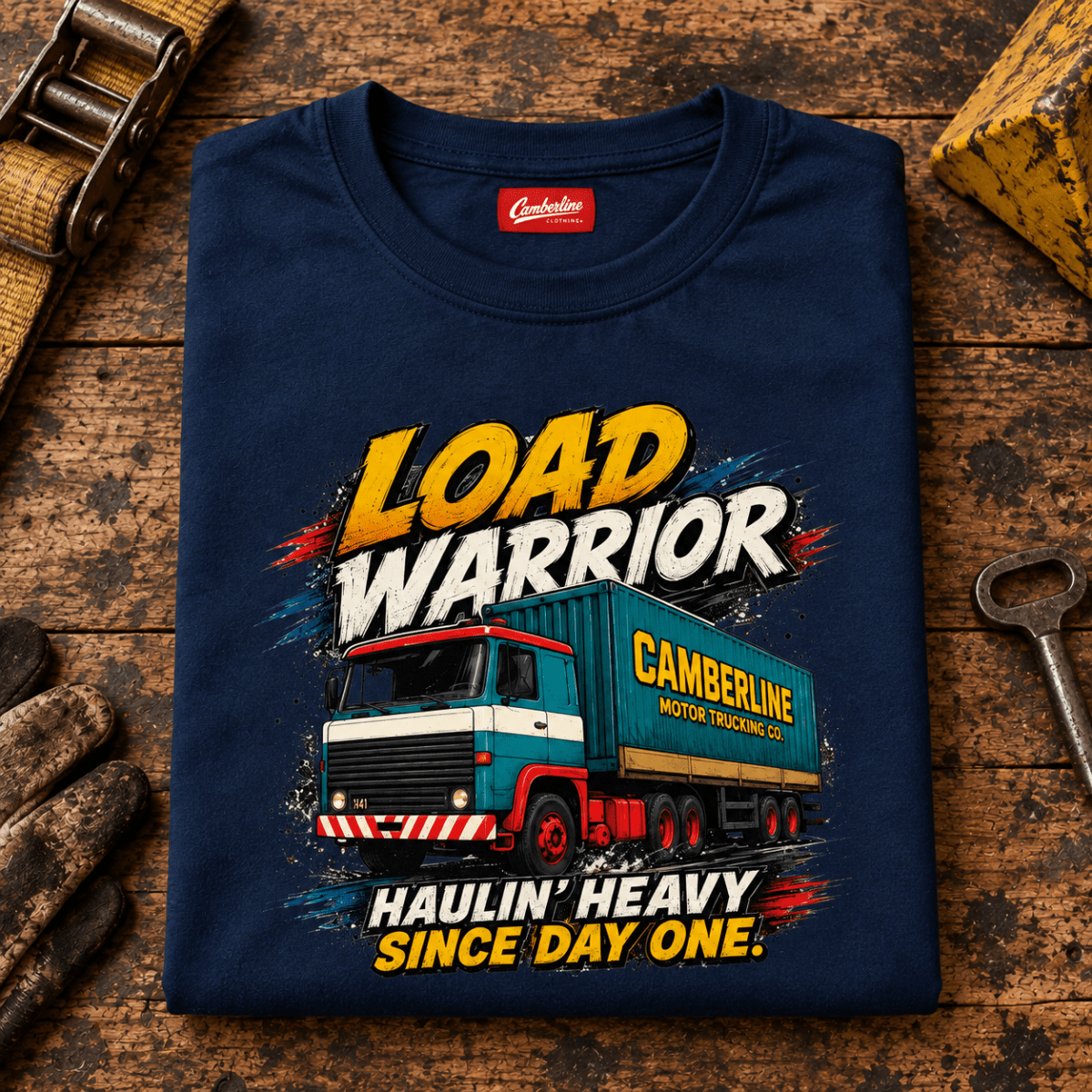 Navy Load Warrior lorry T-shirt folded on a worn loading-bay bench