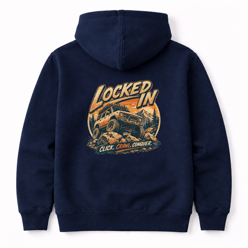 Camberline Cars Locked In Hoodie in Navy showing back graphic