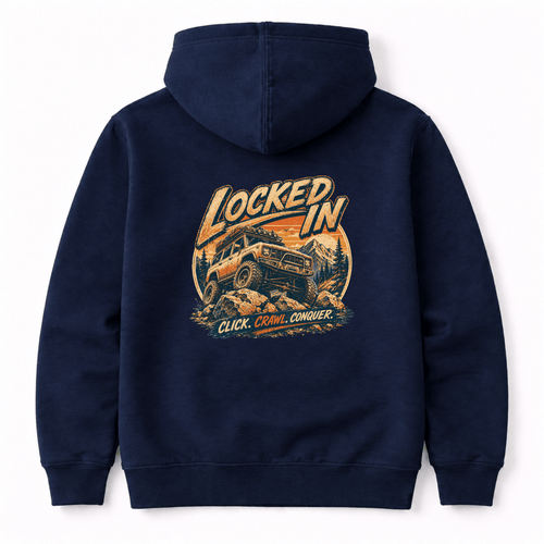 Camberline Cars Locked In Hoodie in Navy showing back graphic
