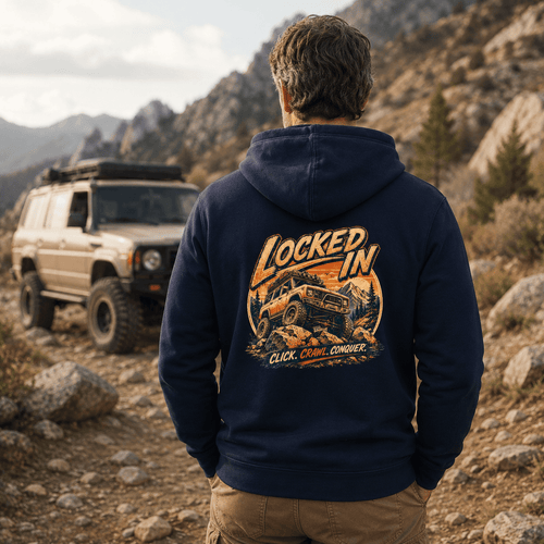 Model wearing Camberline Cars Locked In Hoodie in Navy