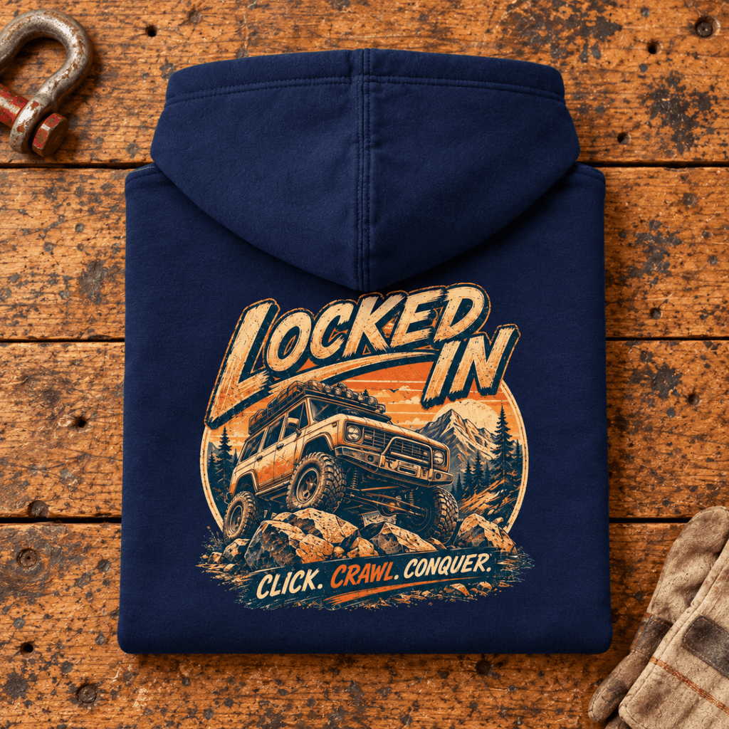 Folded navy Locked In hoodie back on a workshop bench — car-hd-0005