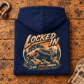Folded navy Locked In hoodie back on a workshop bench — car-hd-0005