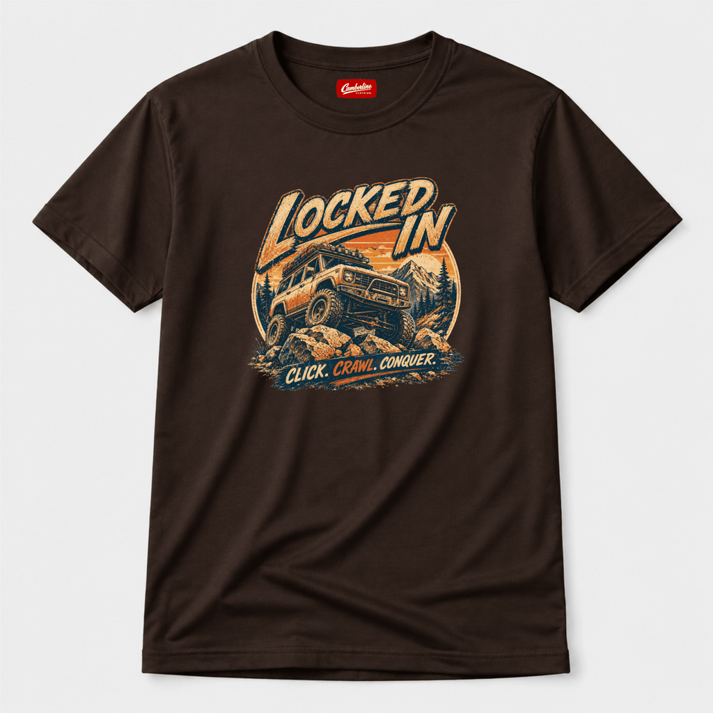 Camberline Cars Locked In T-Shirt in Dark Chocolate showing front graphic