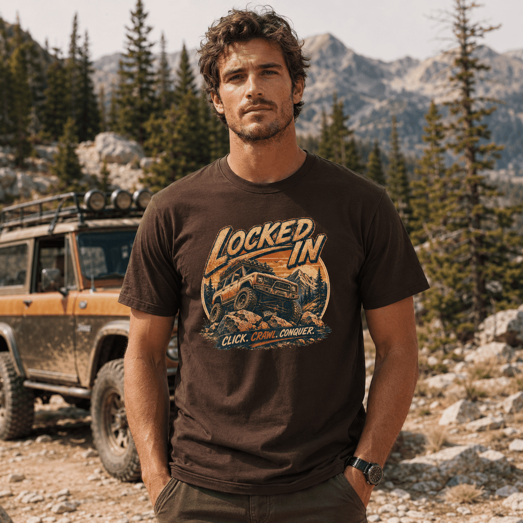 Model wearing Camberline Cars Locked In T-Shirt in Dark Chocolate