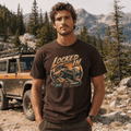 Model wearing Camberline Cars Locked In T-Shirt in Dark Chocolate