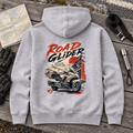 Long Haul touring motorcycle grey hoodie back hero at a roadside service bench