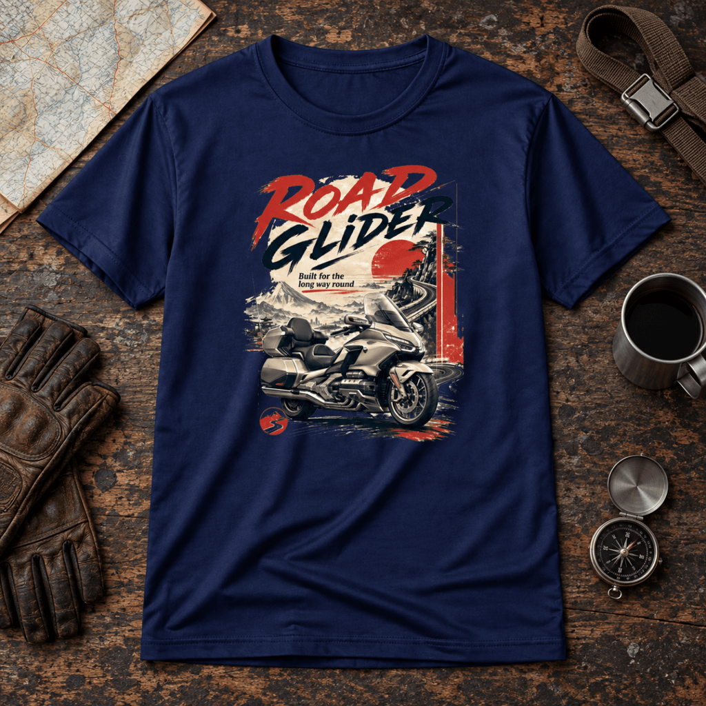 Long Haul touring motorcycle navy T-shirt front hero on a rugged travel workbench