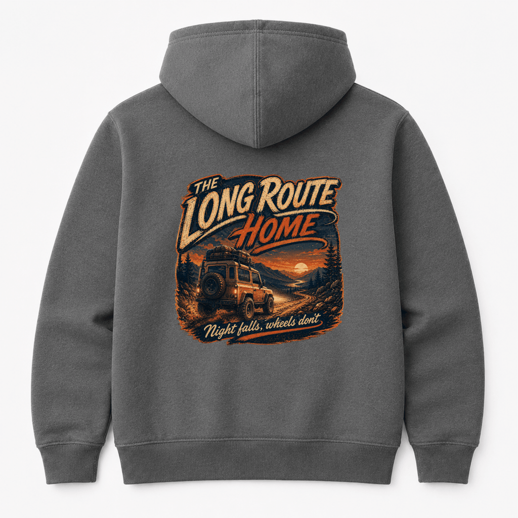 Camberline Cars Long Route Home 4x4 Hoodie in Charcoal showing back graphic