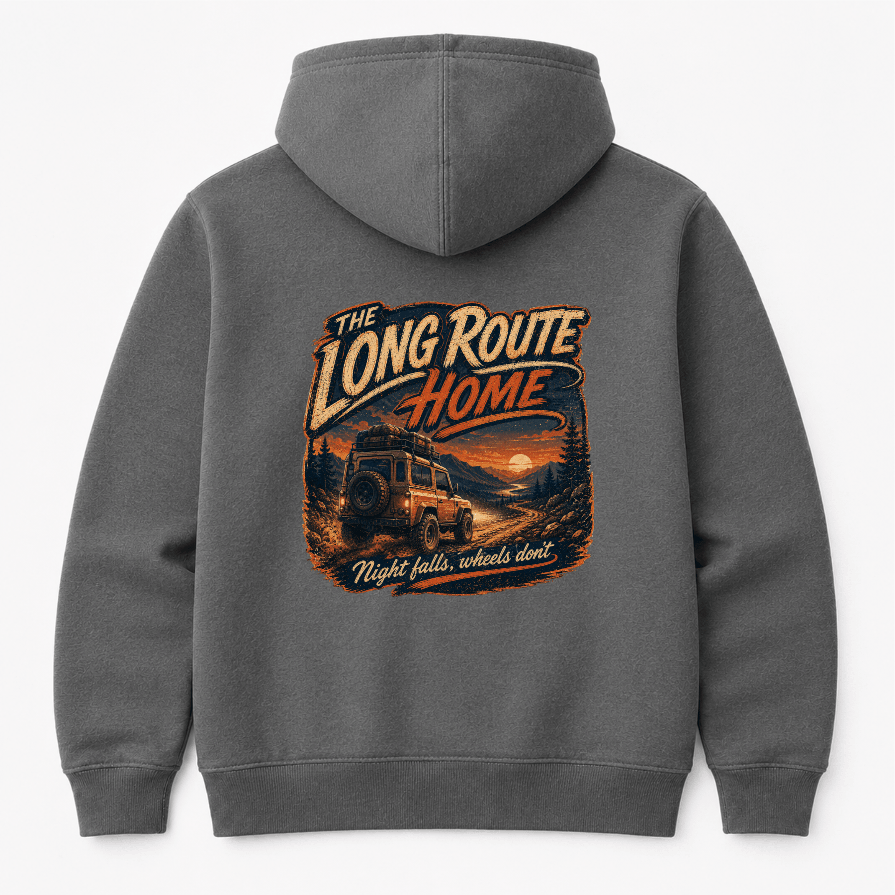 Camberline Cars Long Route Home 4x4 Hoodie in Charcoal showing back graphic