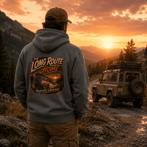 Model wearing Camberline Cars Long Route Home 4x4 Hoodie in Charcoal, styled for car and 4x4 culture