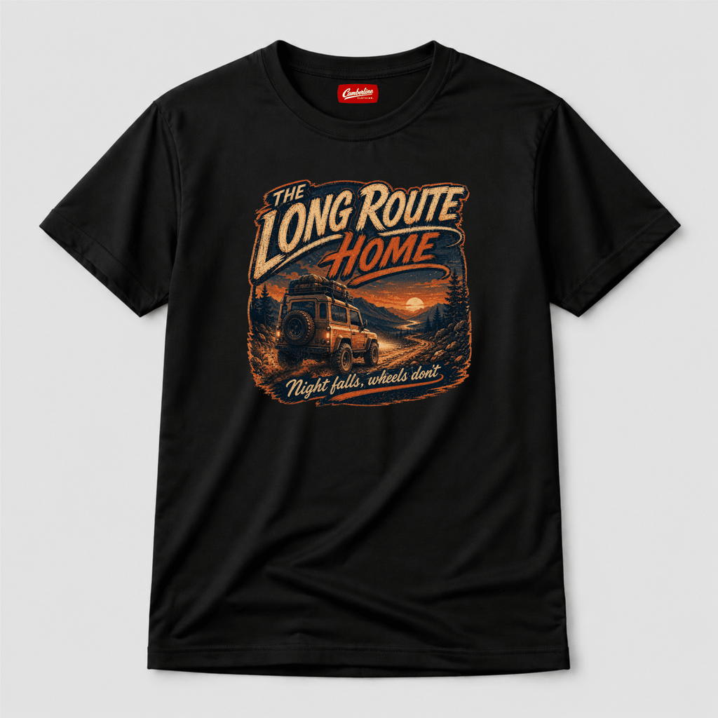 Camberline Cars Long Route Home 4x4 T-Shirt in Black showing front graphic