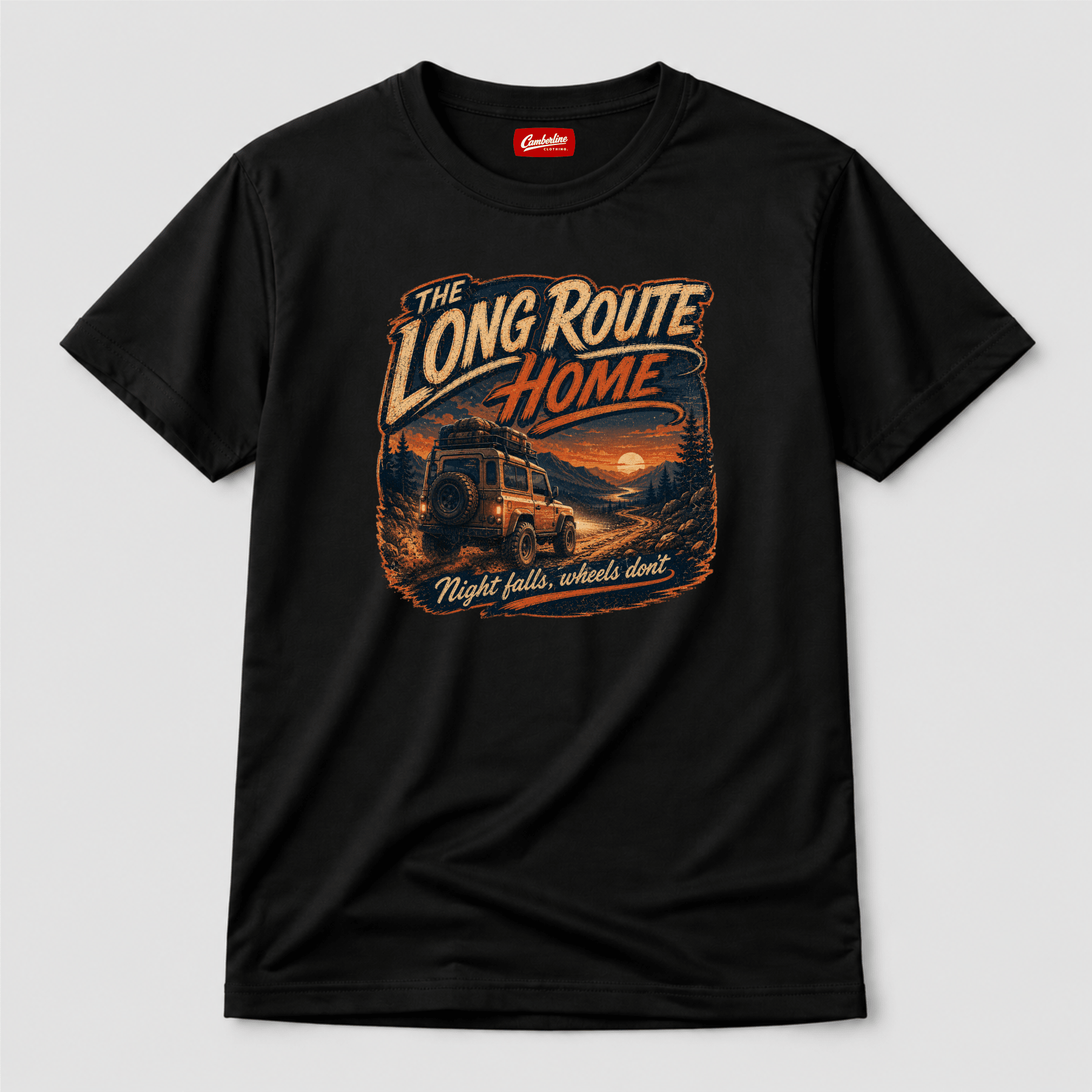 Camberline Cars Long Route Home 4x4 T-Shirt in Black showing front graphic
