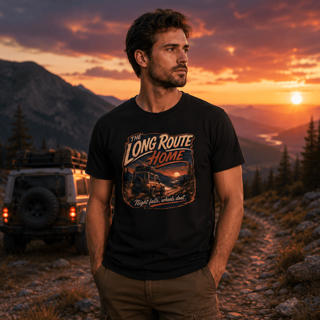 Model wearing Camberline Cars Long Route Home 4x4 T-Shirt in Black, styled for car and 4x4 culture