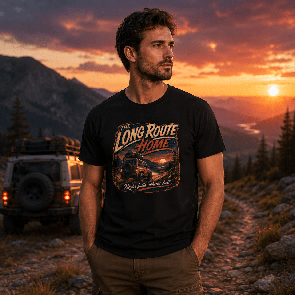 Model wearing Camberline Cars Long Route Home 4x4 T-Shirt in Black, styled for car and 4x4 culture