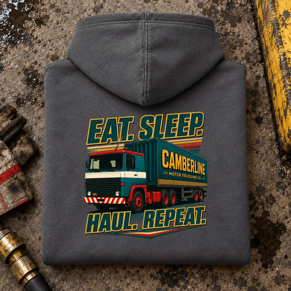Camberline Eat Sleep Haul Repeat charcoal hoodie folded back hero