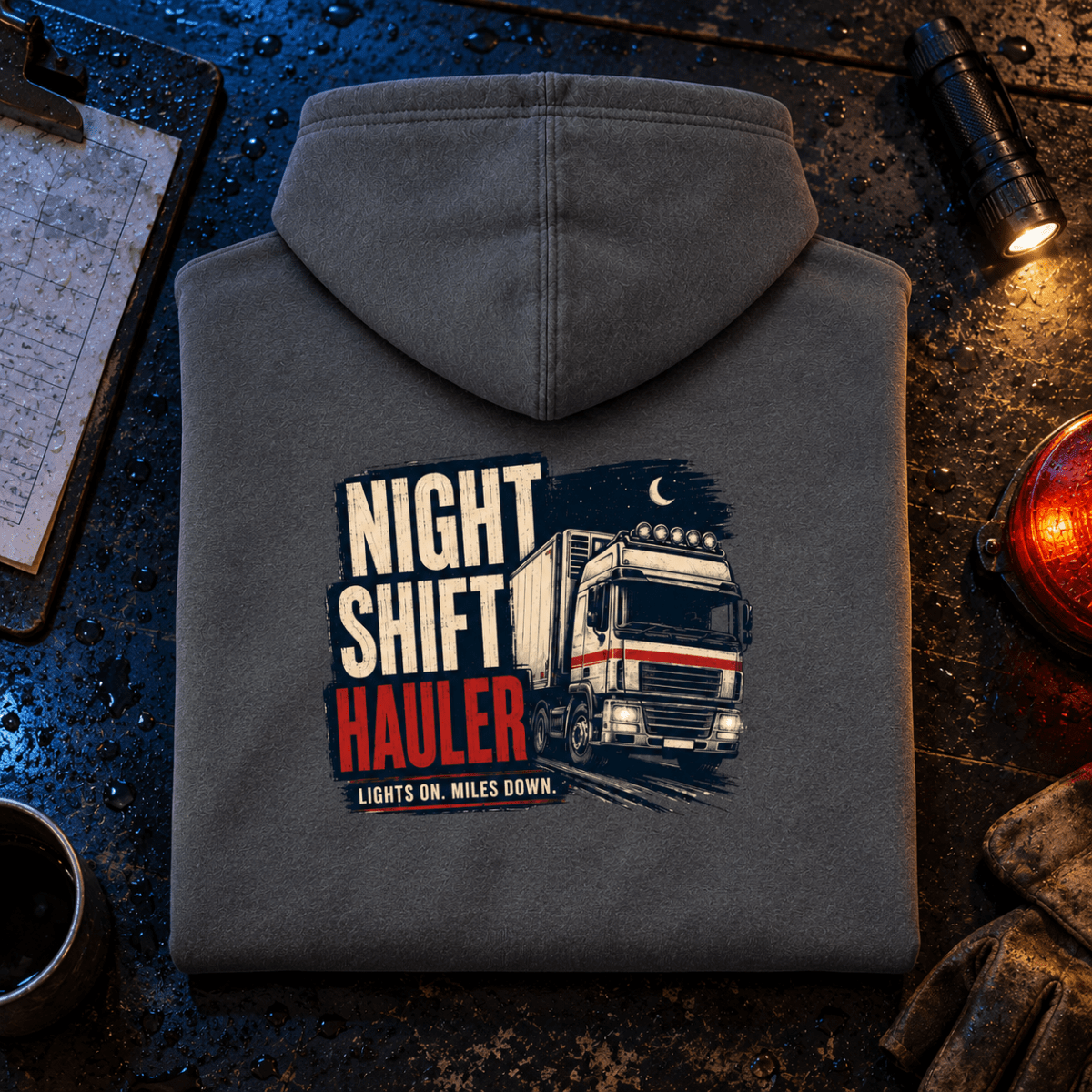 Camberline Night Shift Hauler charcoal lorry hoodie folded back hero