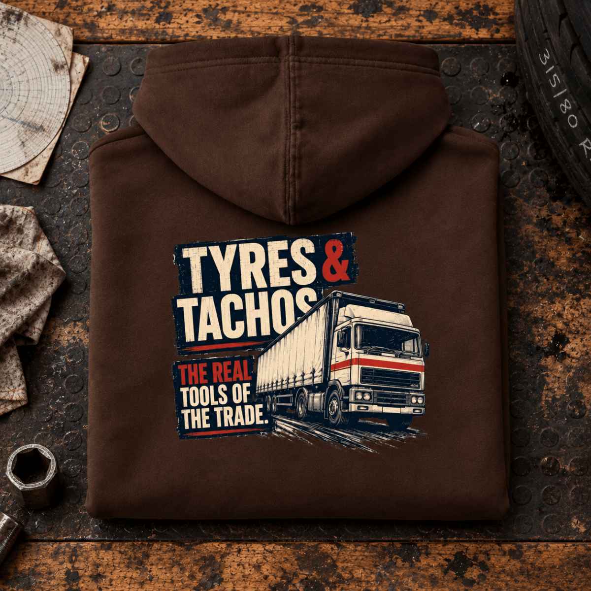 Camberline Tyres and Tachos brown lorry hoodie folded back hero