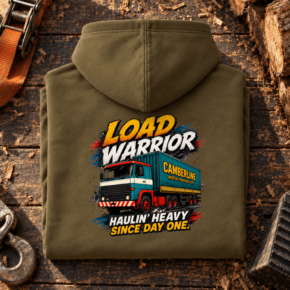 Camberline Load Warrior olive lorry hoodie folded back hero