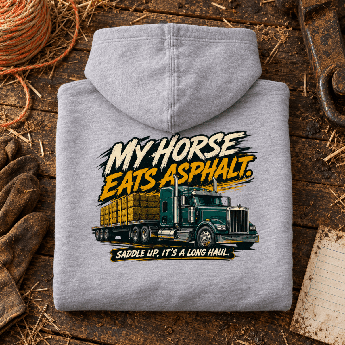 Camberline My Horse Eats Asphalt grey lorry hoodie folded back hero