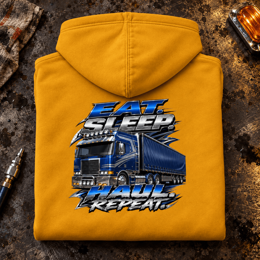 Camberline Eat Sleep Haul Repeat mustard lorry hoodie folded back hero