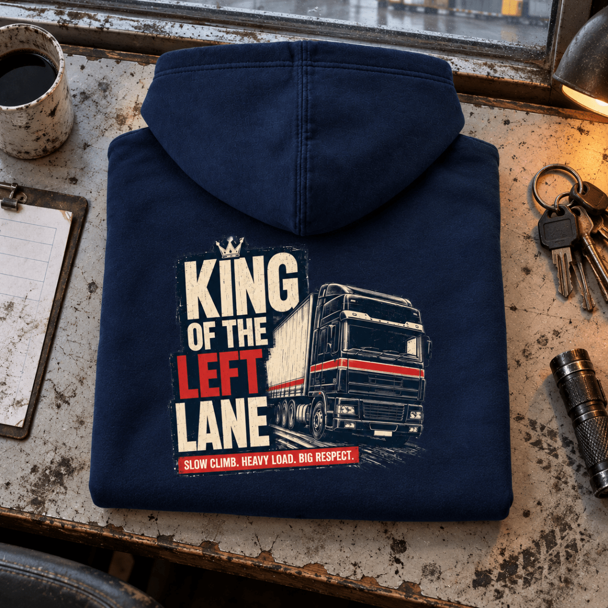 Camberline King of the Left Lane navy lorry hoodie folded back hero