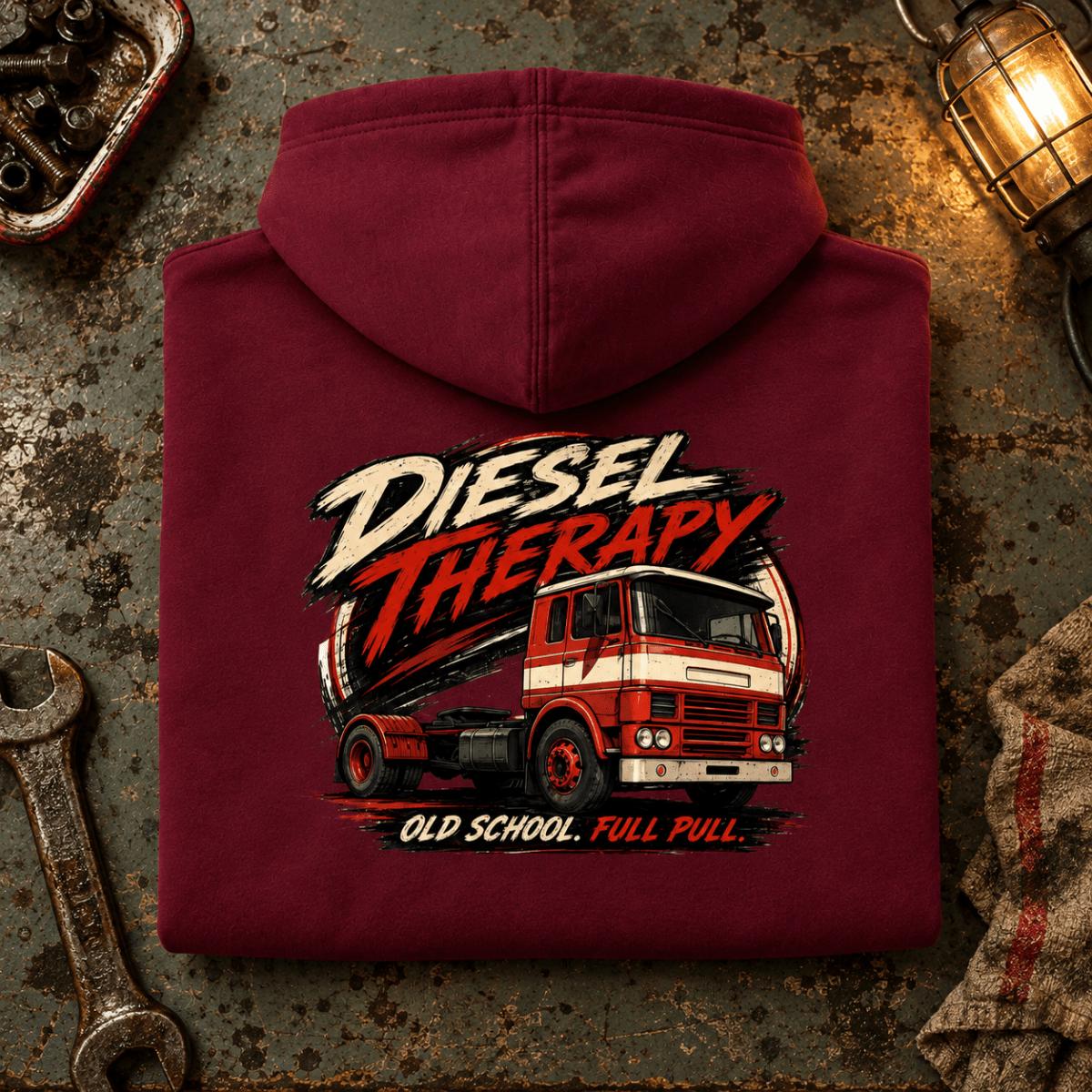 Camberline Diesel Therapy retro cab burgundy lorry hoodie folded back hero