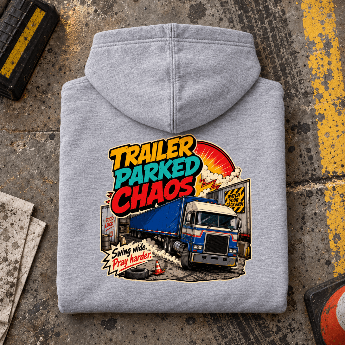 Camberline Trailer Parked Chaos grey lorry hoodie folded back hero
