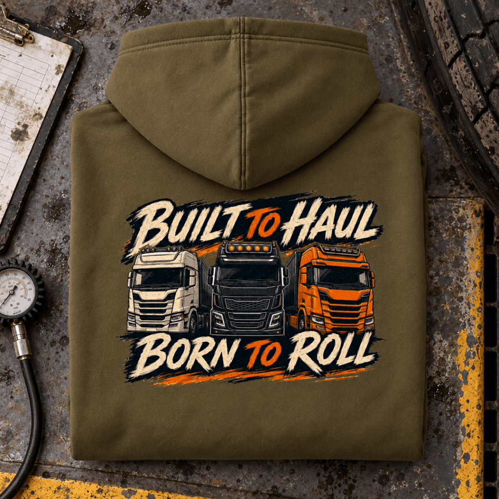 Camberline Built to Haul olive hoodie folded back hero