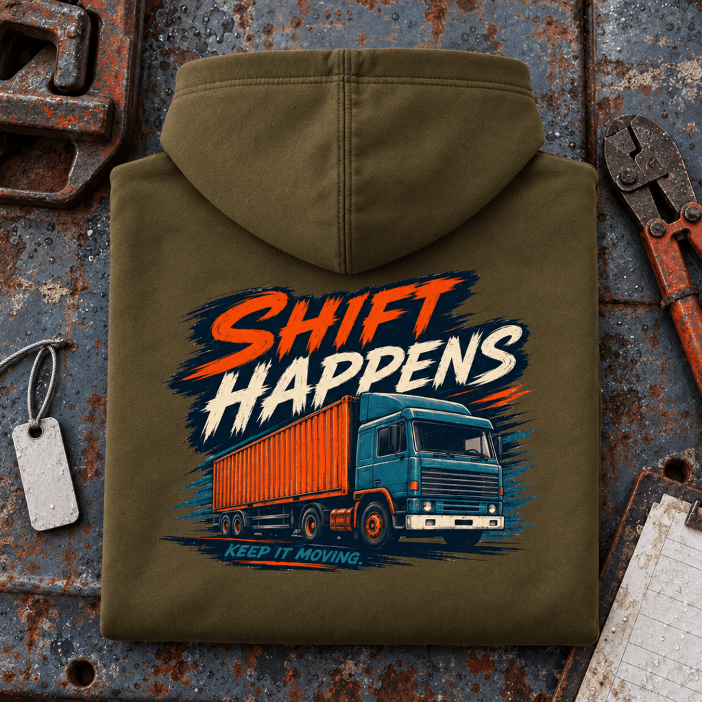 Camberline Shift Happens olive lorry hoodie folded back hero