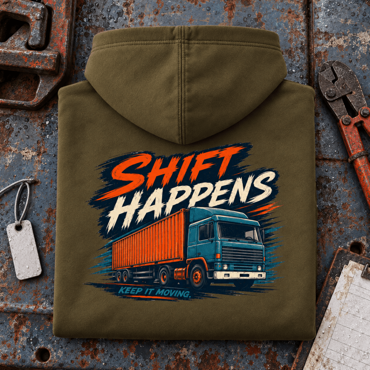 Camberline Shift Happens olive lorry hoodie folded back hero
