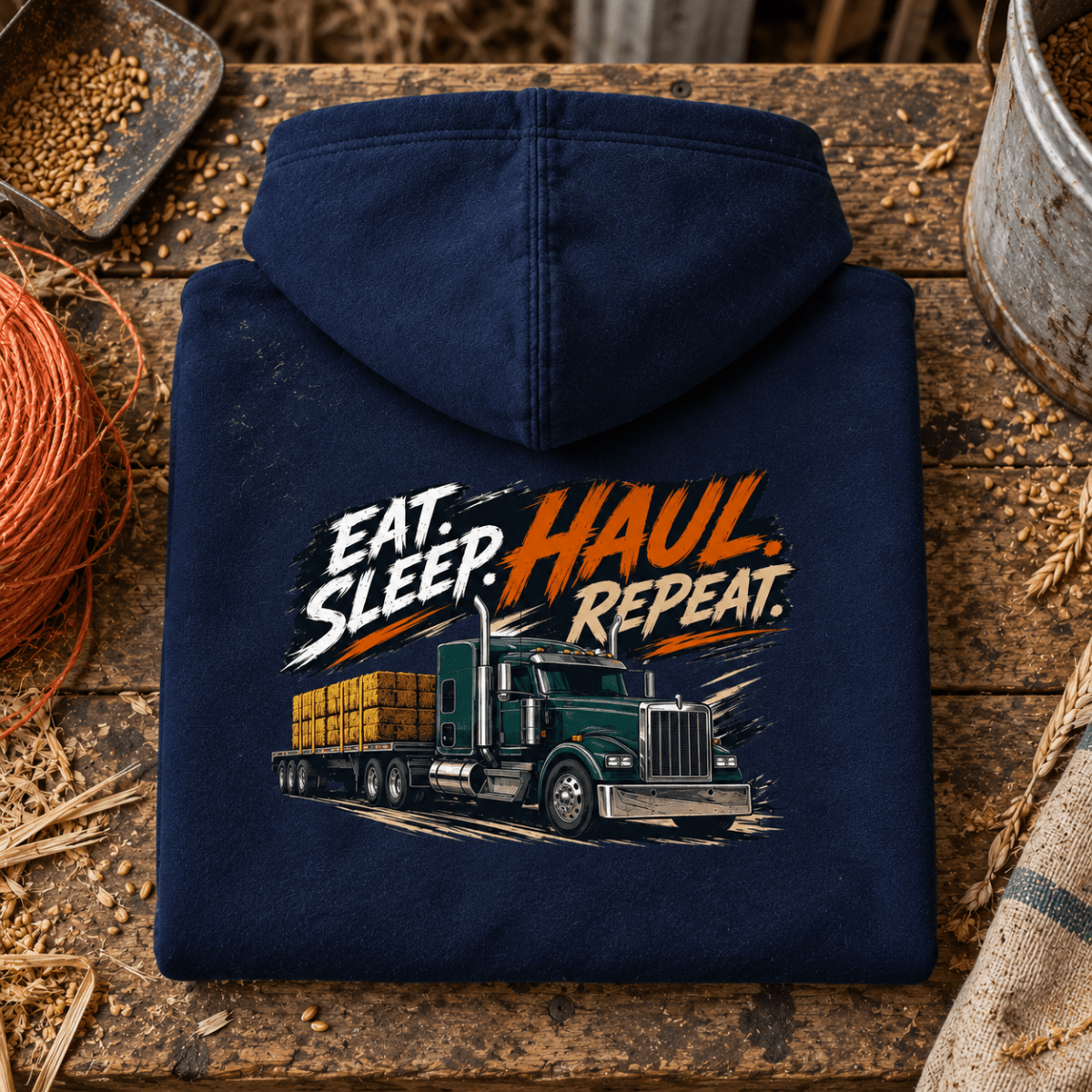 Camberline Eat Sleep Haul Repeat hay navy hoodie folded back hero