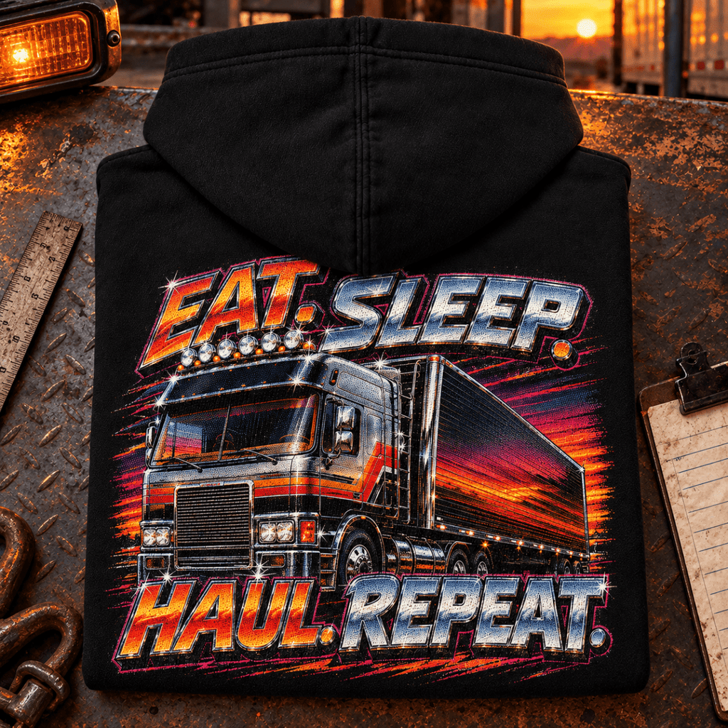 Camberline Eat Sleep Haul Repeat retro black hoodie folded back hero