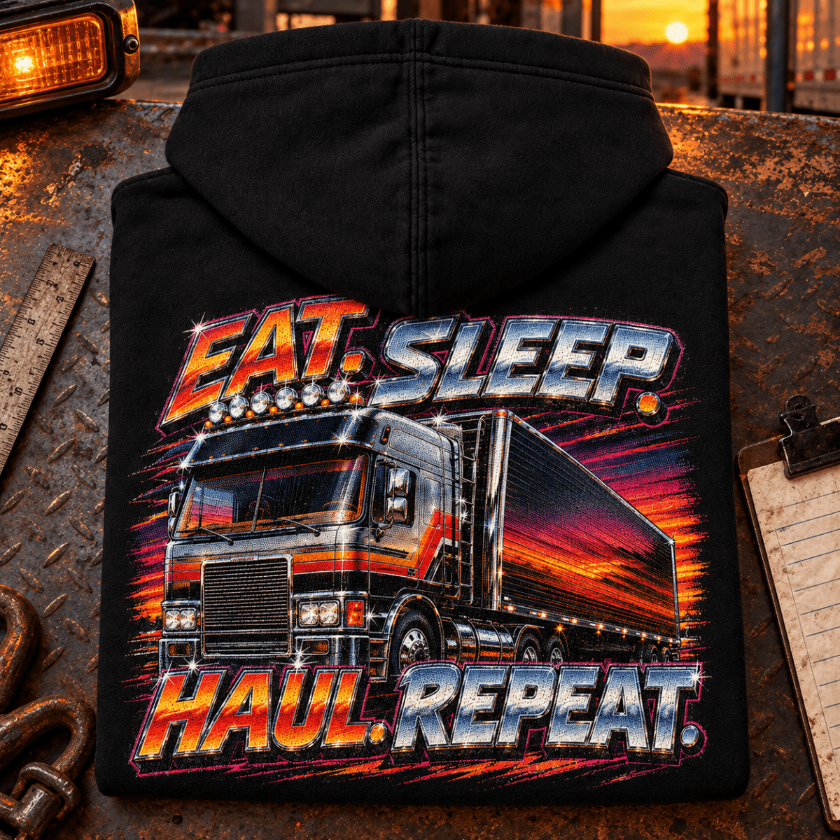 Camberline Eat Sleep Haul Repeat retro black hoodie folded back hero