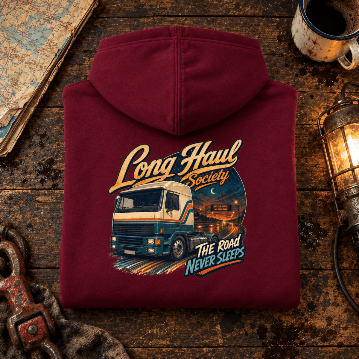 Long Haul Society burgundy folded-back retro workshop product hero