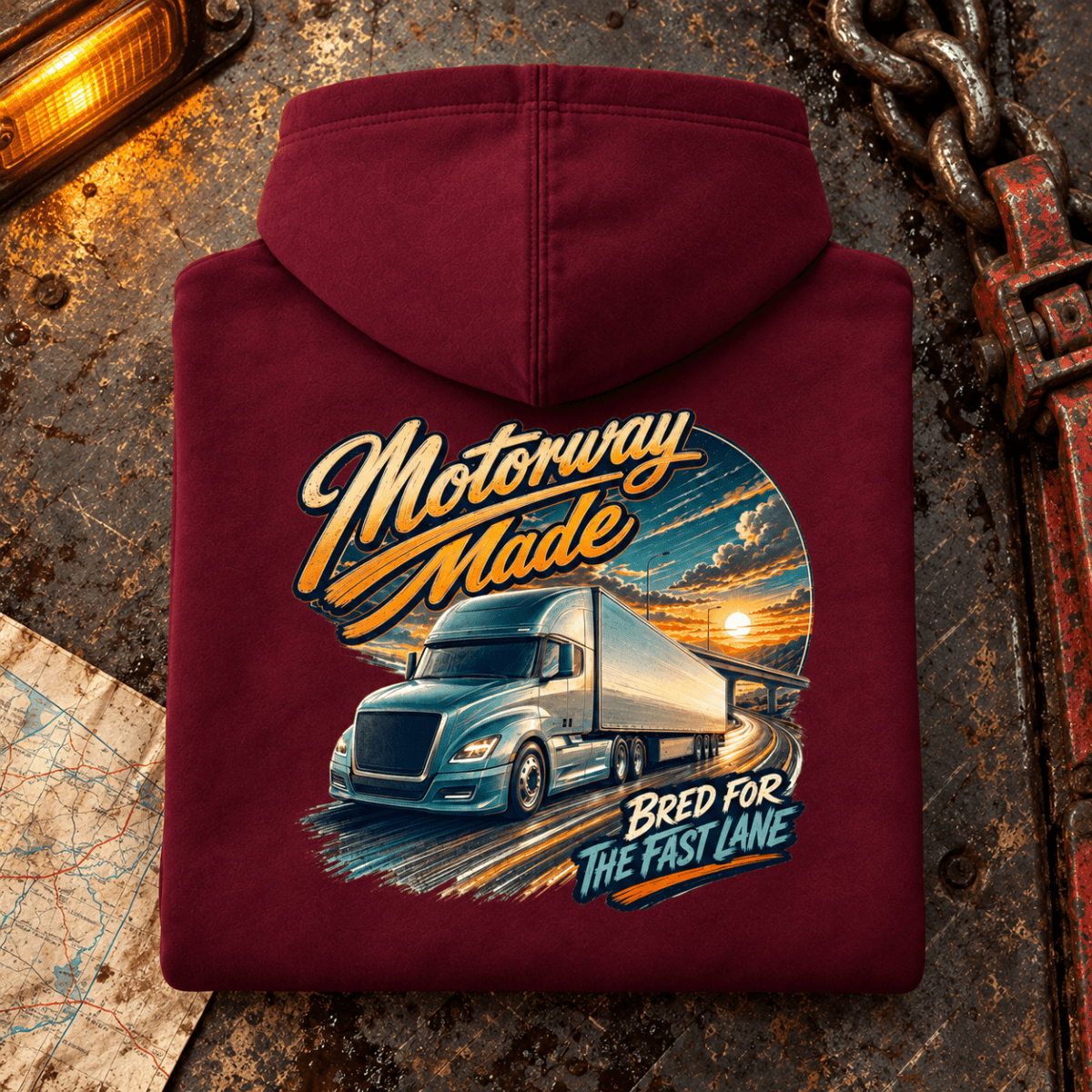 Motorway Made burgundy folded-back long-haul product hero